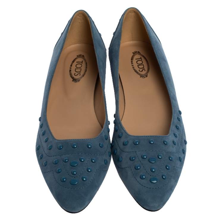 Pre Owned Tod's Blue Suede Leather Studded Ballet Flats Size 37