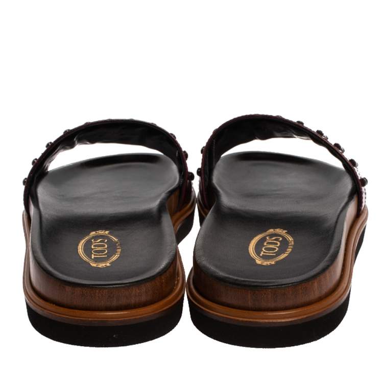 Pre Owned Tod's Burgundy Croc Embossed Leather Studded Flat Slides Size 38