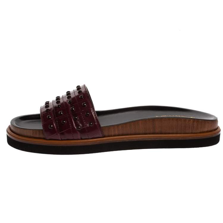 Pre Owned Tod's Burgundy Croc Embossed Leather Studded Flat Slides Size 38