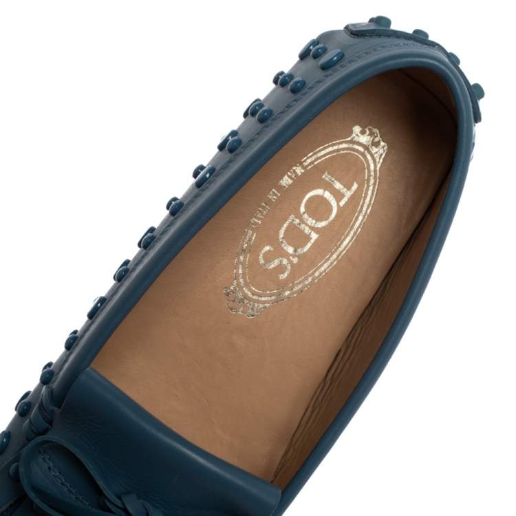 Pre Owned Tod's Blue Leather Studded Fringes Detail Bow Slip On Loafers Size 38