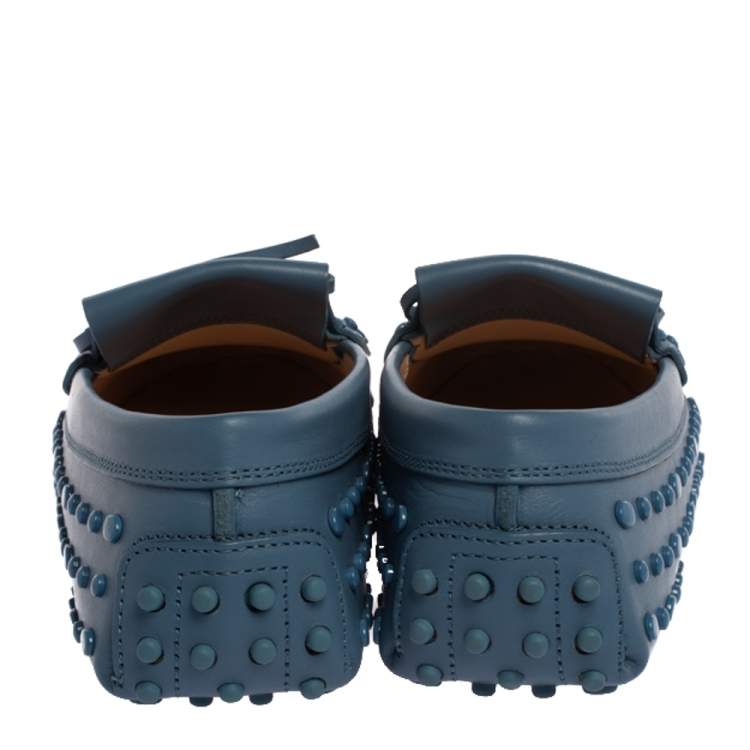 Pre Owned Tod's Blue Leather Studded Fringes Detail Bow Slip On Loafers Size 38