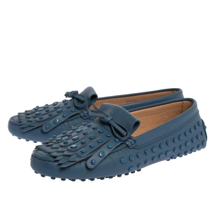 Pre Owned Tod's Blue Leather Studded Fringes Detail Bow Slip On Loafers Size 38
