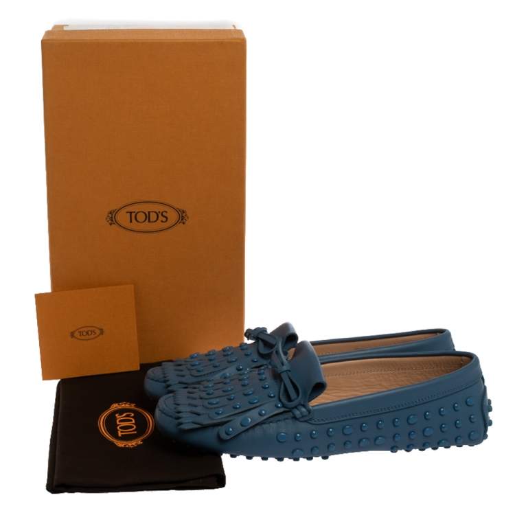 Pre Owned Tod's Blue Leather Studded Fringes Detail Bow Slip On Loafers Size 38