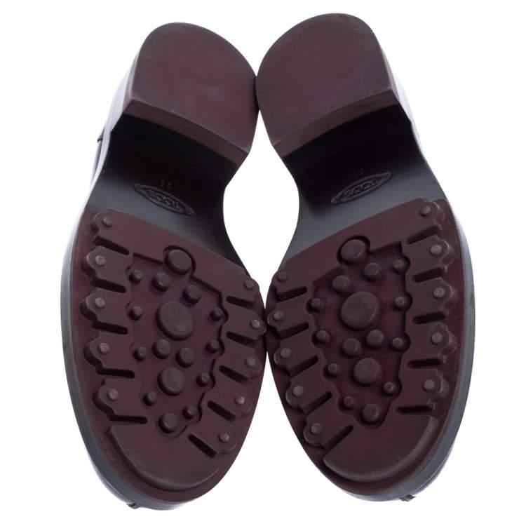 Pre Owned Tod's Burgundy Glossy Leather Whip Stitch Detail Platform Penny Loafers Size 39