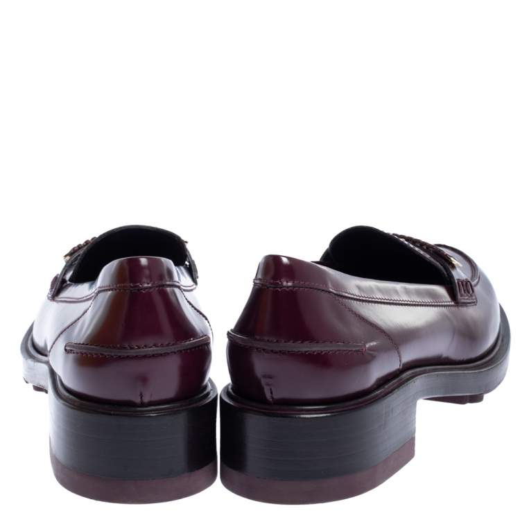 Pre Owned Tod's Burgundy Glossy Leather Whip Stitch Detail Platform Penny Loafers Size 39