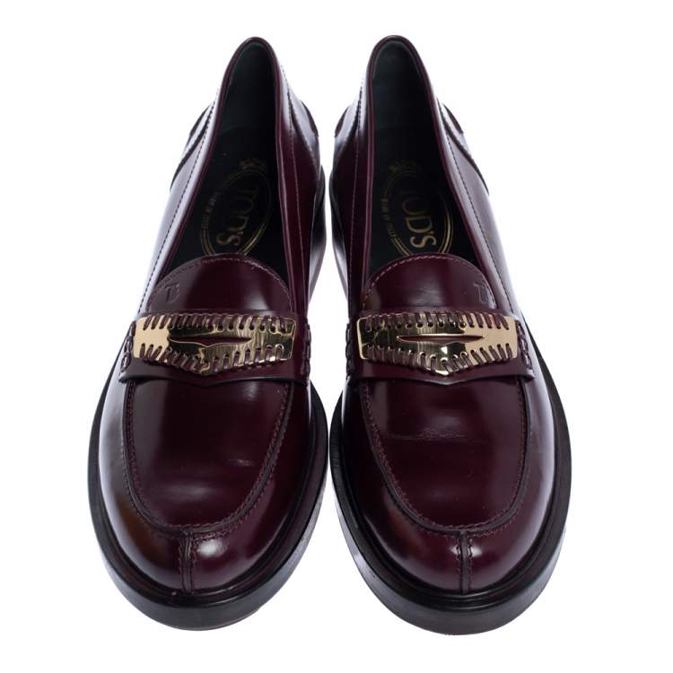 Pre Owned Tod's Burgundy Glossy Leather Whip Stitch Detail Platform Penny Loafers Size 39