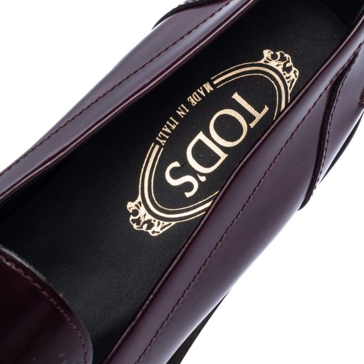Pre Owned Tod's Burgundy Glossy Leather Whip Stitch Detail Platform Penny Loafers Size 39