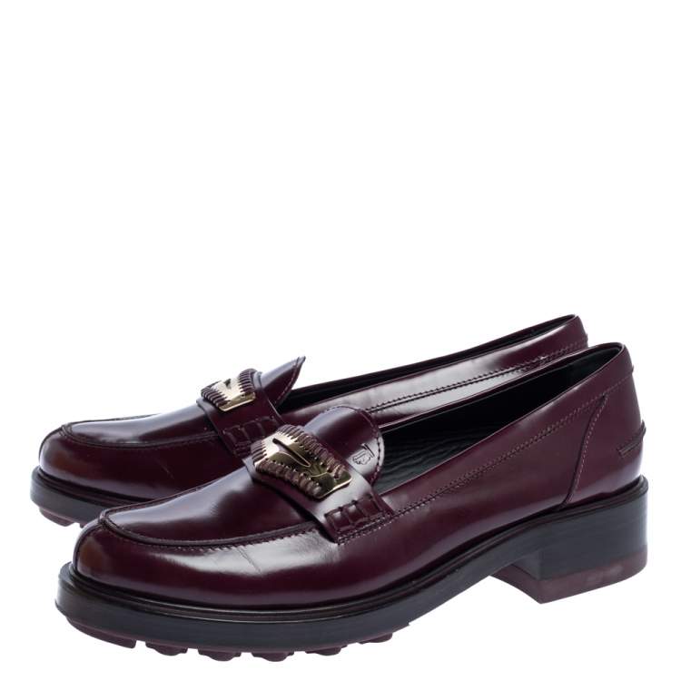 Pre Owned Tod's Burgundy Glossy Leather Whip Stitch Detail Platform Penny Loafers Size 39