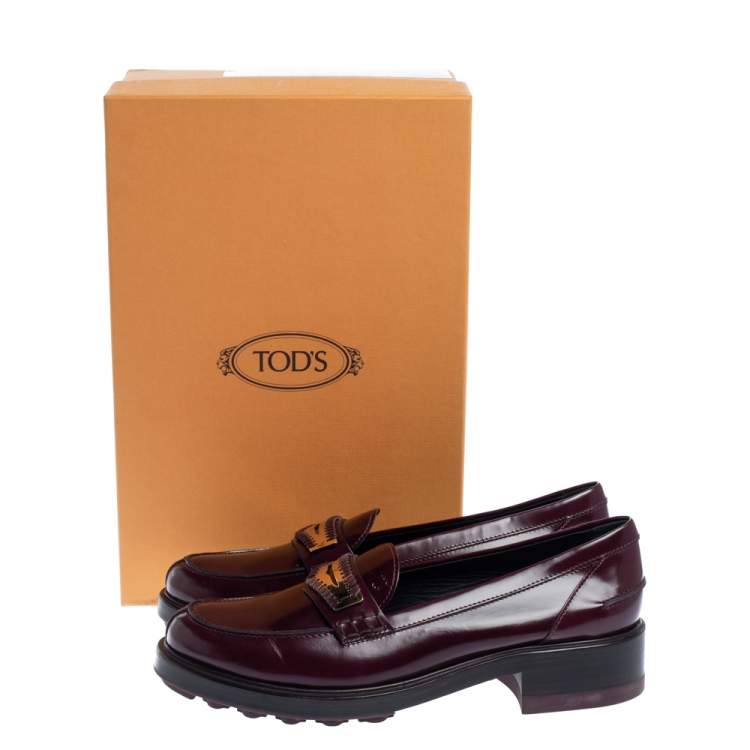 Pre Owned Tod's Burgundy Glossy Leather Whip Stitch Detail Platform Penny Loafers Size 39