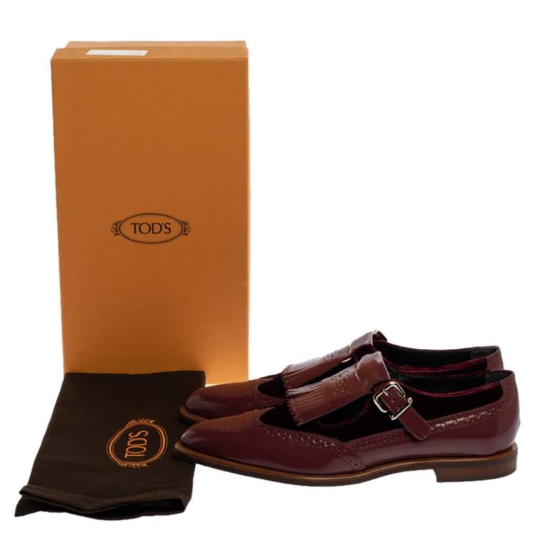 Pre Owned Tod's Burgundy Brogue Leather and Velvet Fringed Monk Strap Oxfords Size 37.5