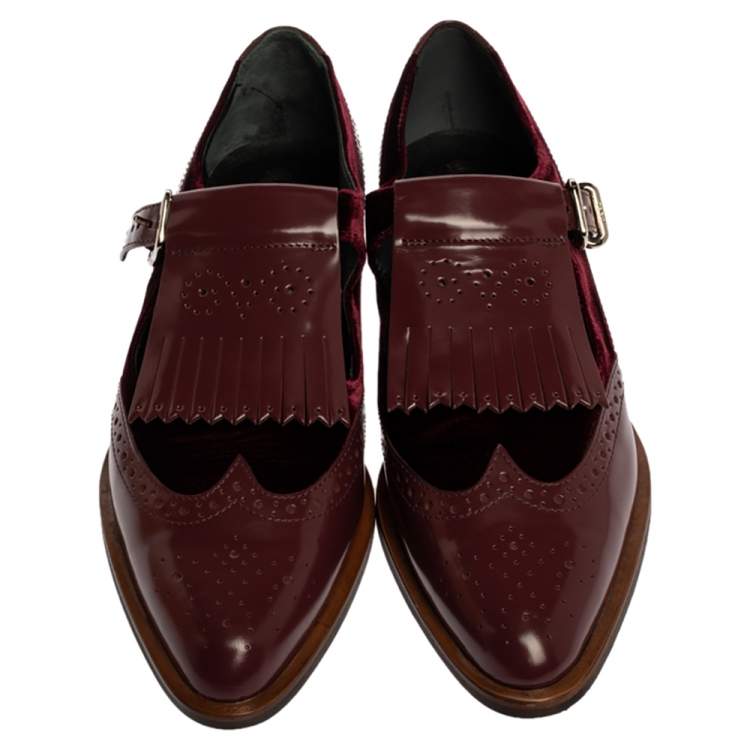 Pre Owned Tod's Burgundy Brogue Leather and Velvet Fringed Monk Strap Oxfords Size 37.5