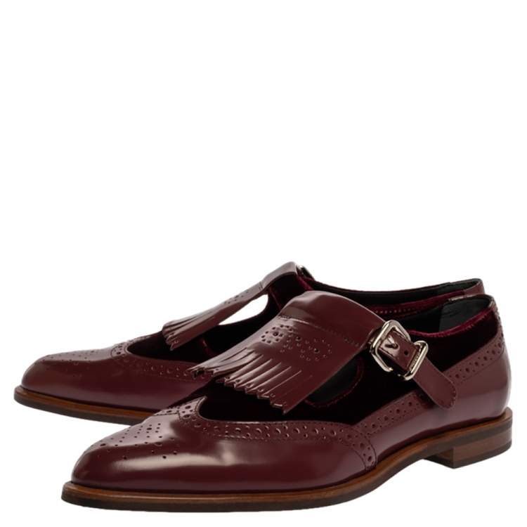 Pre Owned Tod's Burgundy Brogue Leather and Velvet Fringed Monk Strap Oxfords Size 37.5