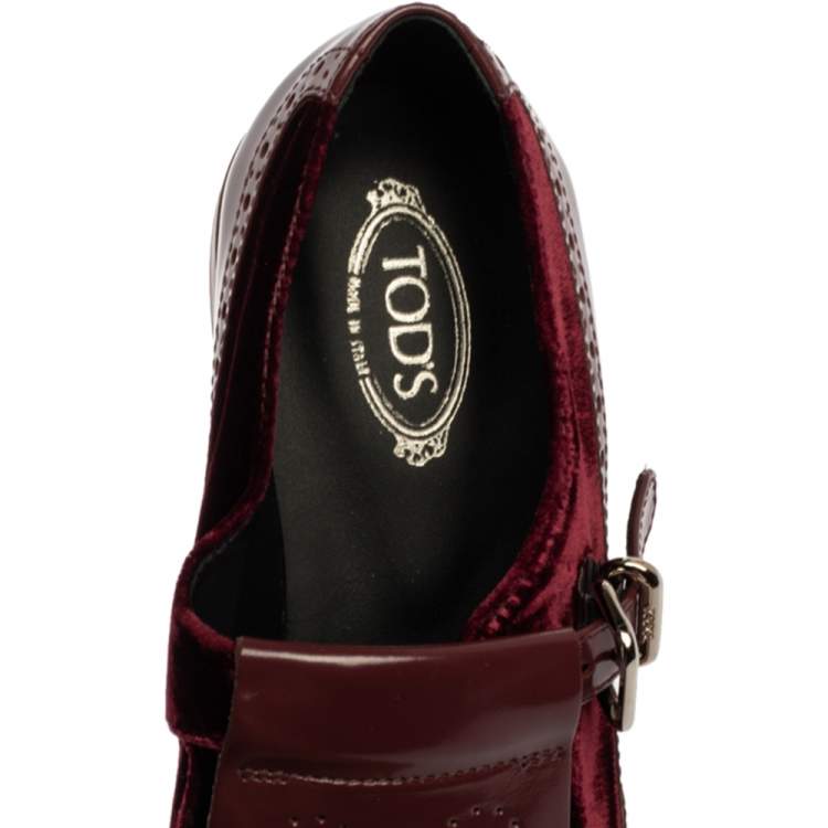 Pre Owned Tod's Burgundy Brogue Leather and Velvet Fringed Monk Strap Oxfords Size 37.5