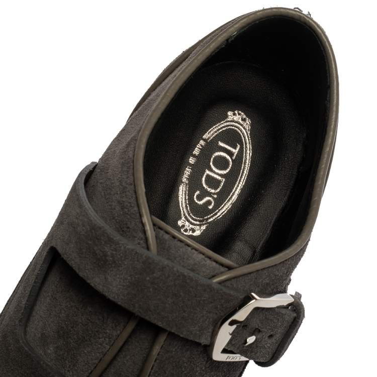 Pre Owned Tod's Grey Suede Leather Buckle Detail Block Heel Booties Size 39