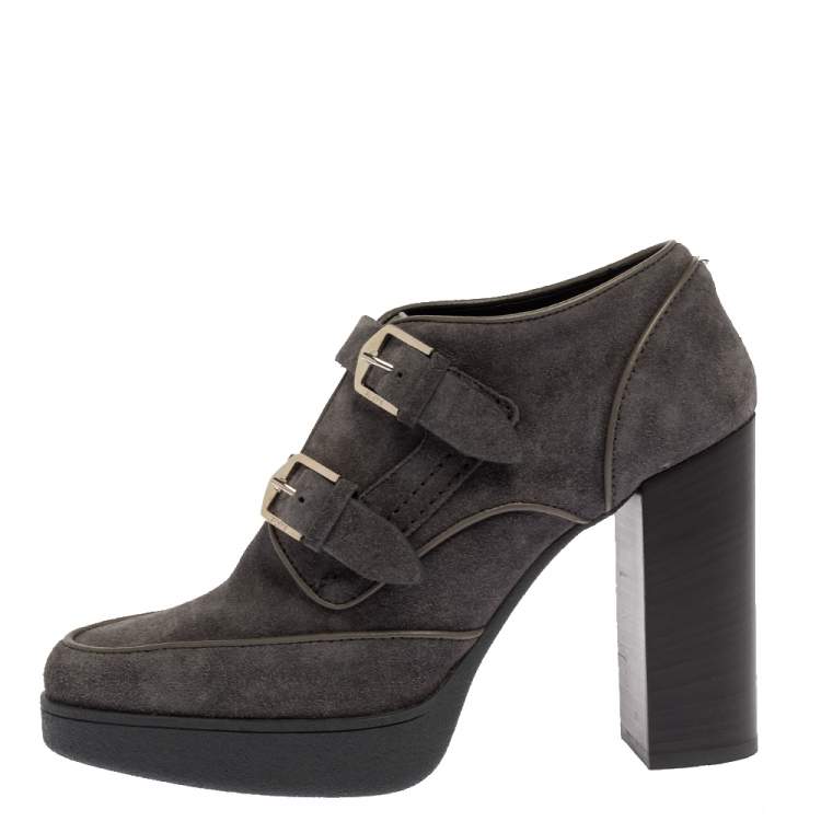 Pre Owned Tod's Grey Suede Leather Buckle Detail Block Heel Booties Size 39