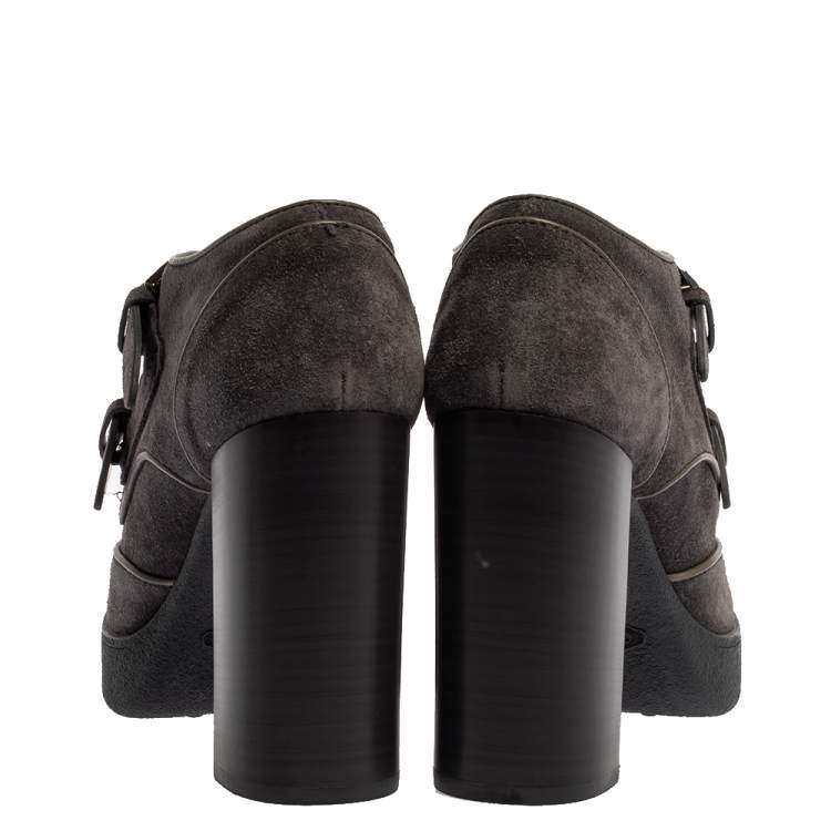 Pre Owned Tod's Grey Suede Leather Buckle Detail Block Heel Booties Size 39
