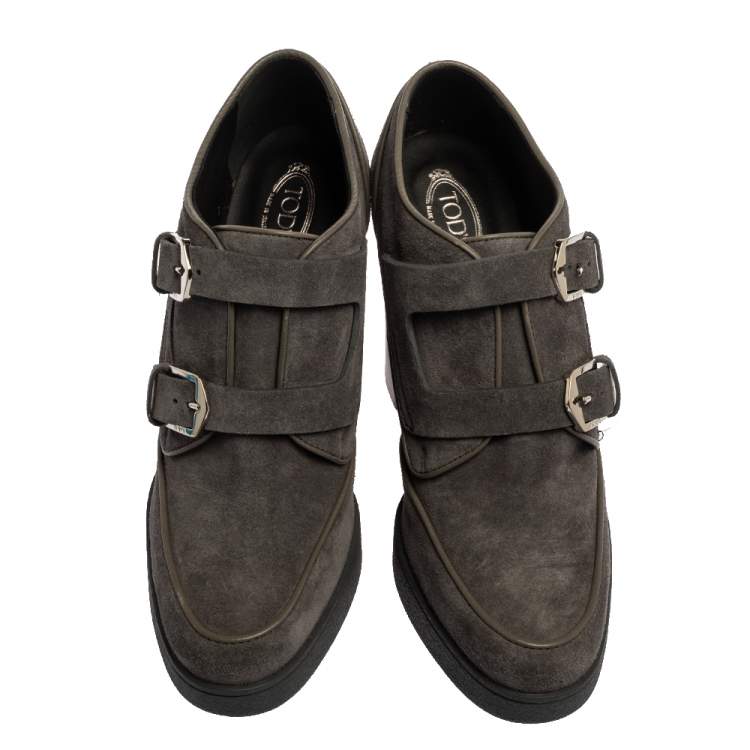 Pre Owned Tod's Grey Suede Leather Buckle Detail Block Heel Booties Size 39