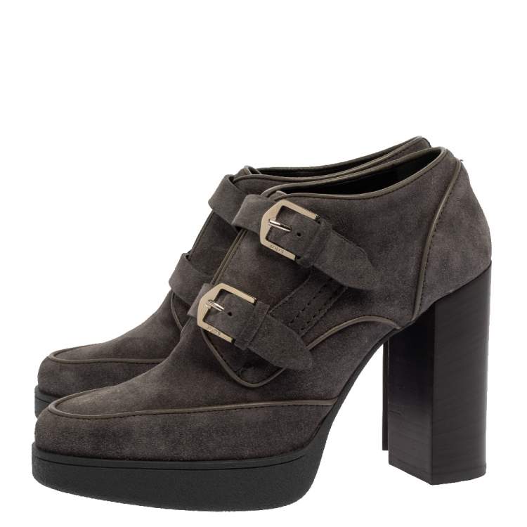 Pre Owned Tod's Grey Suede Leather Buckle Detail Block Heel Booties Size 39
