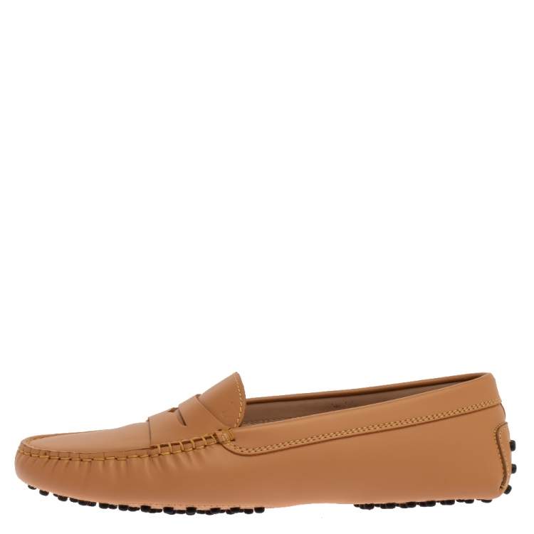 Pre Owned Tod's Beige Leather Penny Slip On Loafers Size 38.5