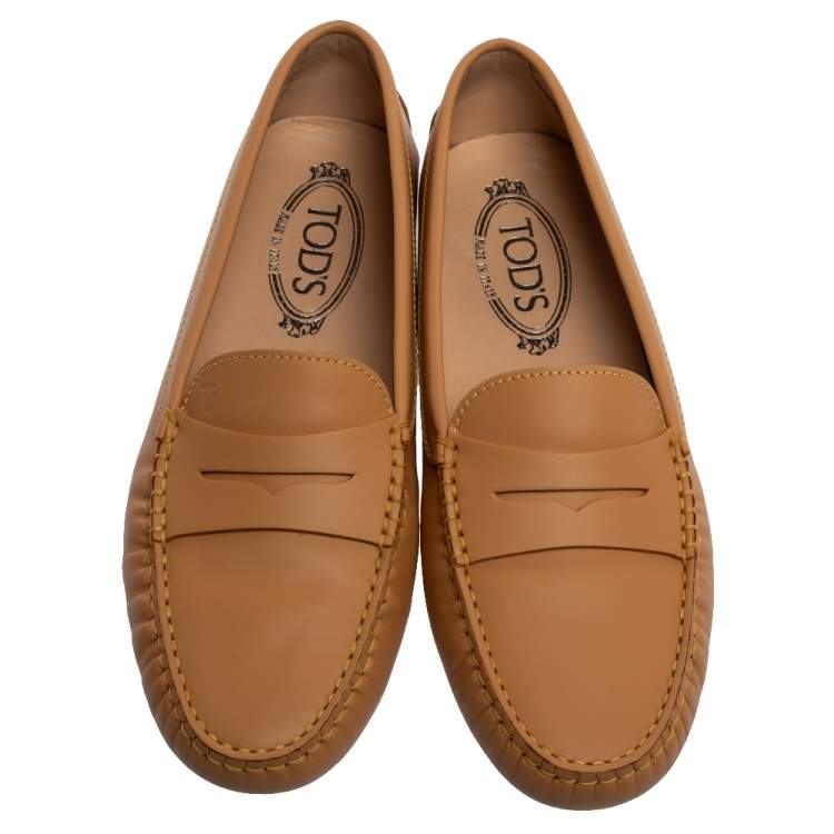 Pre Owned Tod's Beige Leather Penny Slip On Loafers Size 38.5
