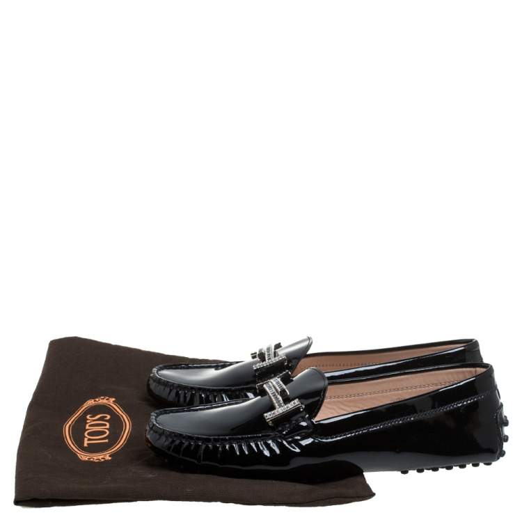 Pre Owned Tod's Black Patent Leather Gommini Embellished Double T Slip On Loafers Size 37.5