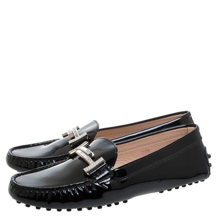 Pre Owned Tod's Black Patent Leather Gommini Embellished Double T Slip On Loafers Size 37.5