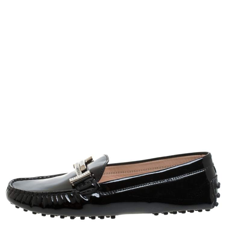 Pre Owned Tod's Black Patent Leather Gommini Embellished Double T Slip On Loafers Size 37.5