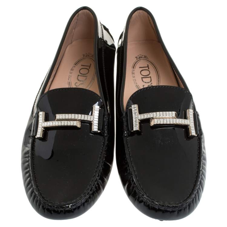 Pre Owned Tod's Black Patent Leather Gommini Embellished Double T Slip On Loafers Size 37.5