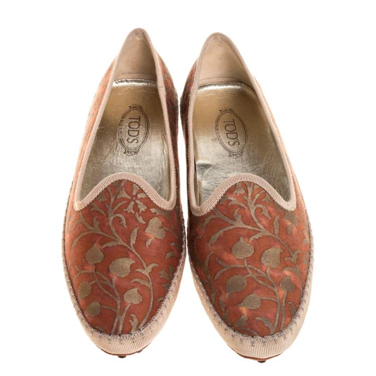Pre Owned Tod's Orange Floral Printed Canvas Gommino Smoking Slippers Size 38.5