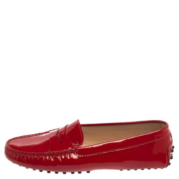 Pre Owned Tod's Red Patent Leather Gommino Penny Loafers Size 37.5