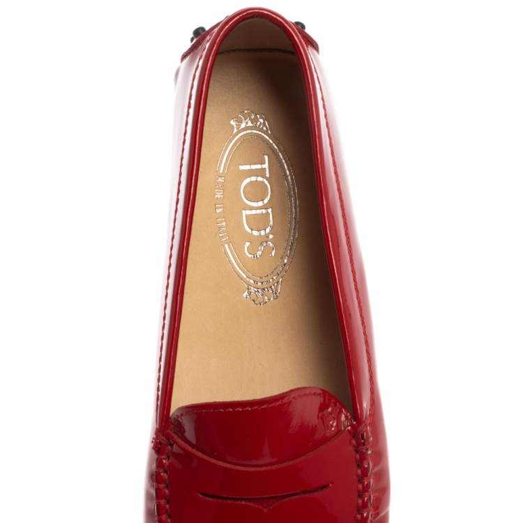Pre Owned Tod's Red Patent Leather Gommino Penny Loafers Size 37.5