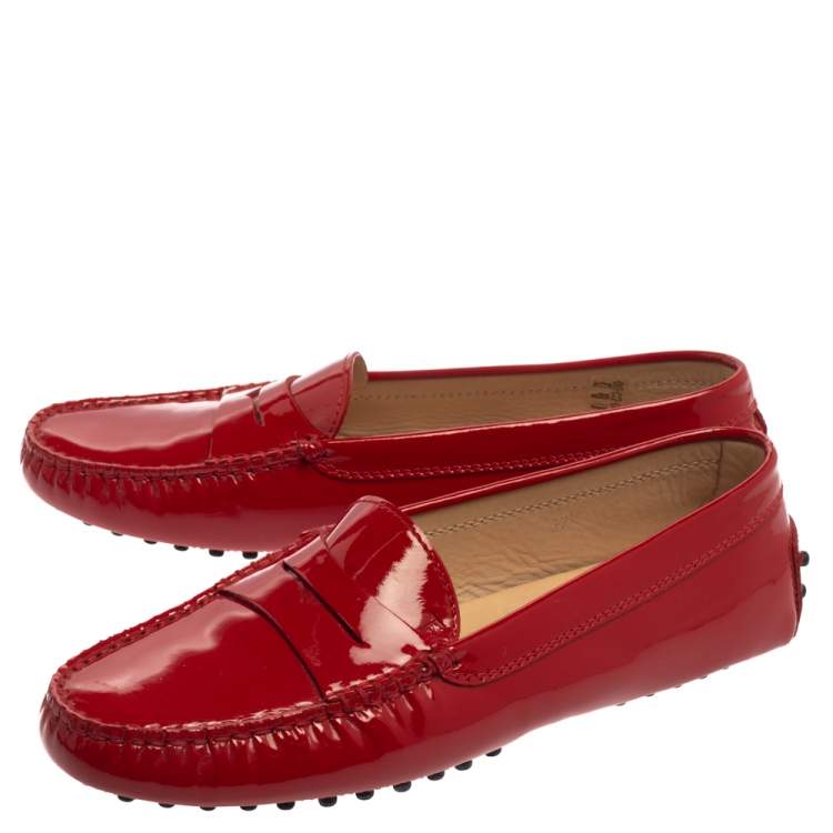 Pre Owned Tod's Red Patent Leather Gommino Penny Loafers Size 37.5