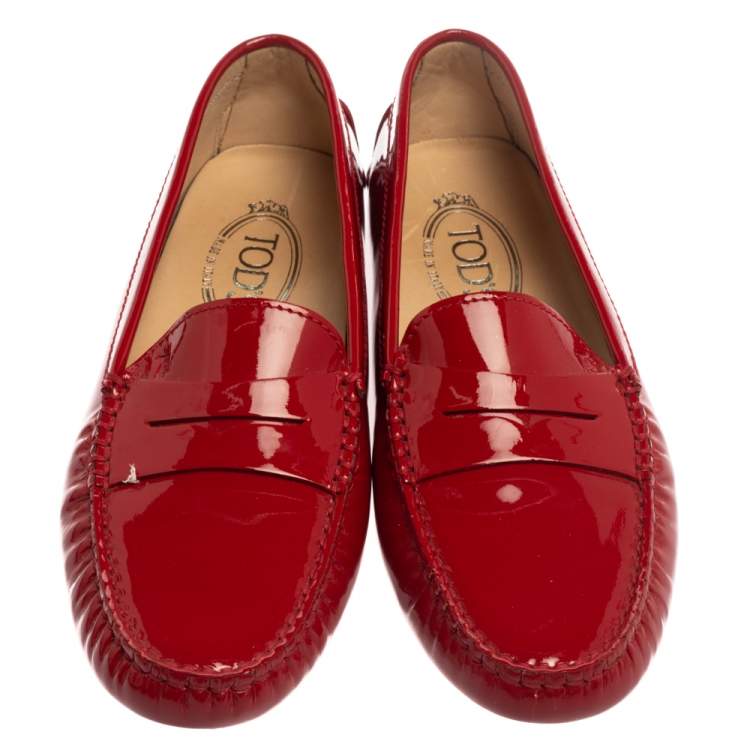 Pre Owned Tod's Red Patent Leather Gommino Penny Loafers Size 37.5