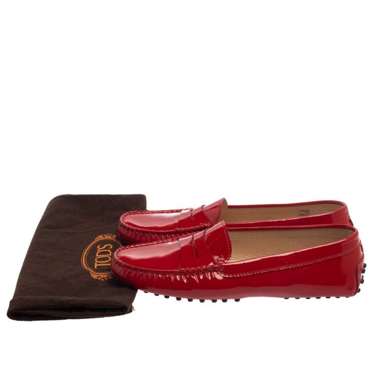Pre Owned Tod's Red Patent Leather Gommino Penny Loafers Size 37.5