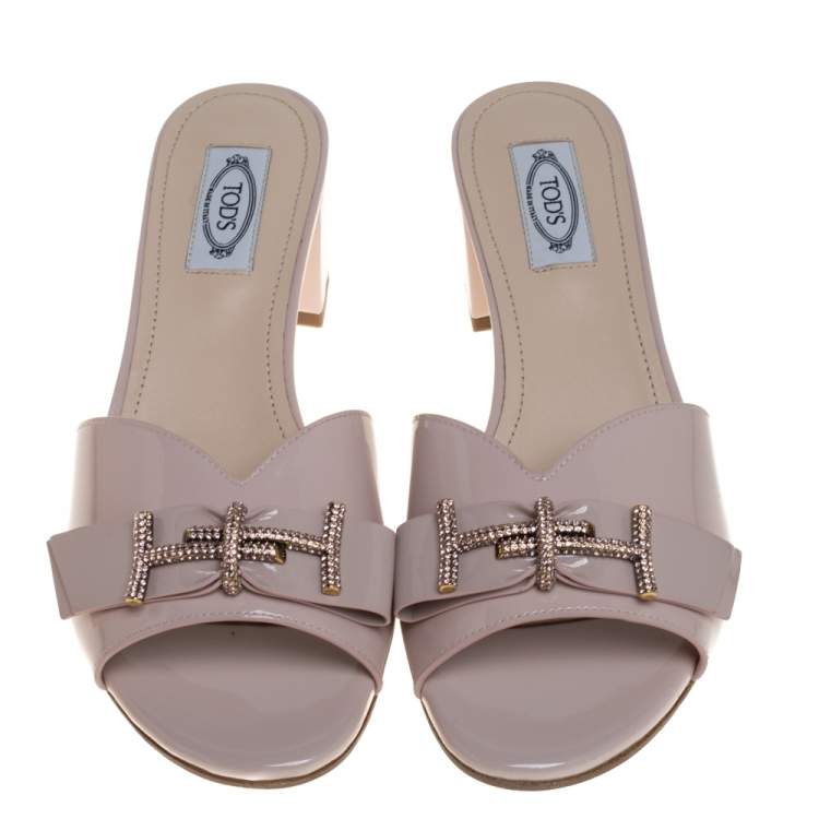 Pre Owned Tod's Blush Pink Patent Leather Double T Embellished Slide Sandals Size 39