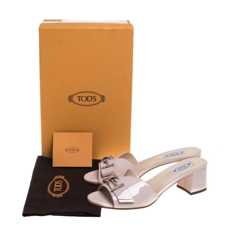 Pre Owned Tod's Blush Pink Patent Leather Double T Embellished Slide Sandals Size 39