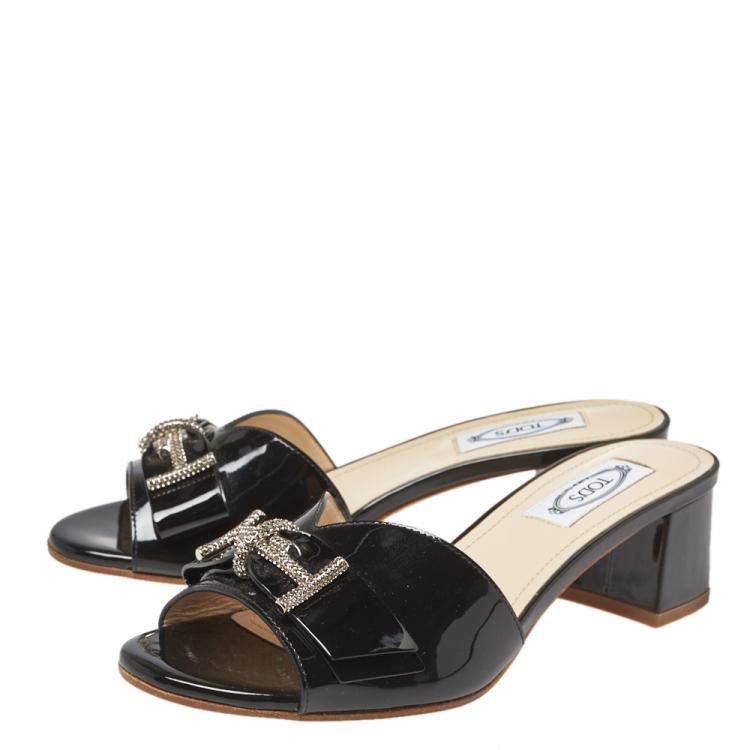 Pre Owned Tod's Black Patent Leather Double T Embellished Slide Sandals Size 36.5