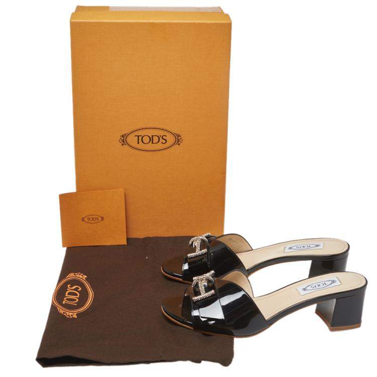 Pre Owned Tod's Black Patent Leather Double T Embellished Slide Sandals Size 36.5