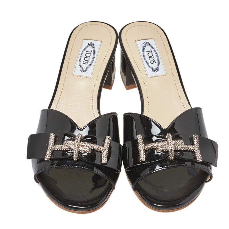 Pre Owned Tod's Black Patent Leather Double T Embellished Slide Sandals Size 36.5