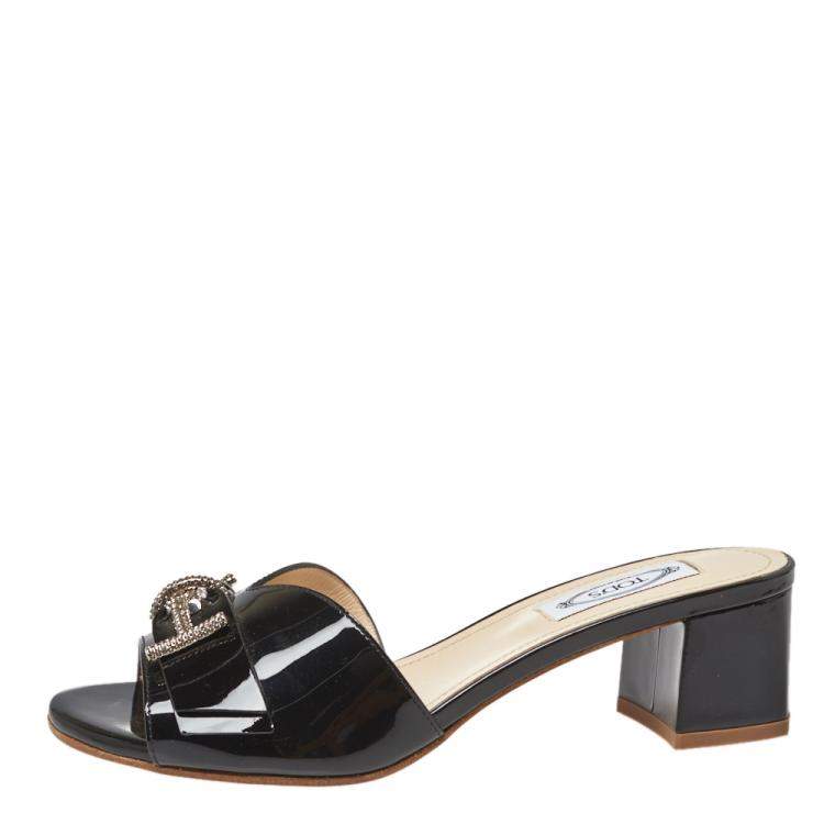 Pre Owned Tod's Black Patent Leather Double T Embellished Slide Sandals Size 36.5
