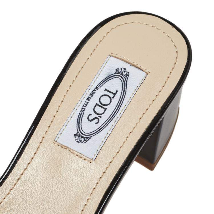 Pre Owned Tod's Black Patent Leather Double T Embellished Slide Sandals Size 36.5