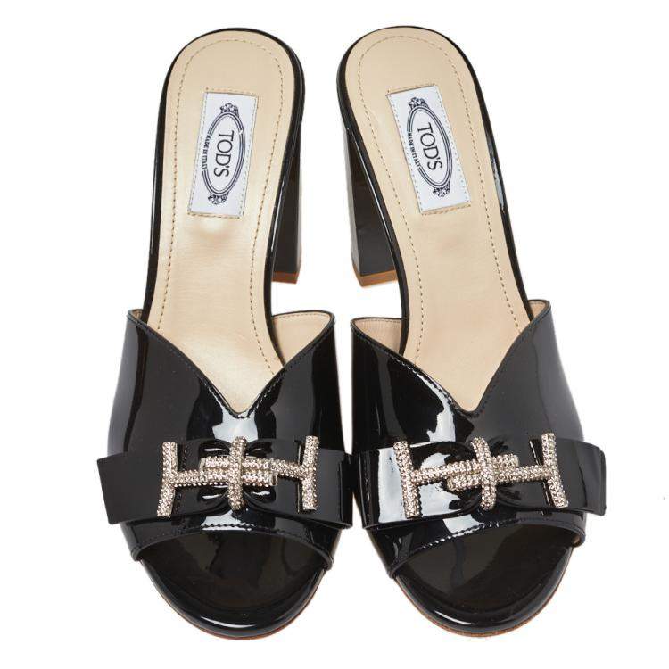 Pre Owned Tod's Black Patent Leather Double T Embellished Slide Sandals Size 37