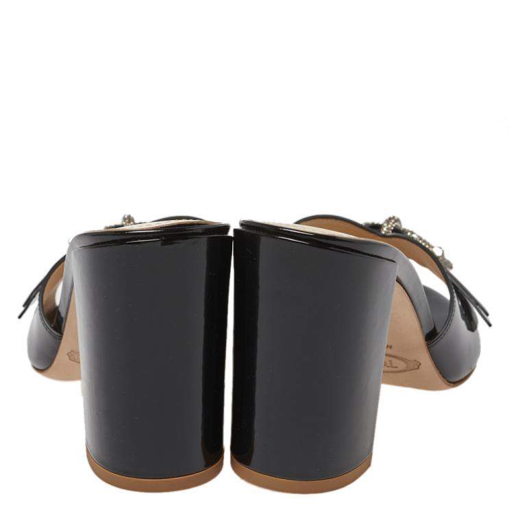 Pre Owned Tod's Black Patent Leather Double T Embellished Slide Sandals Size 37