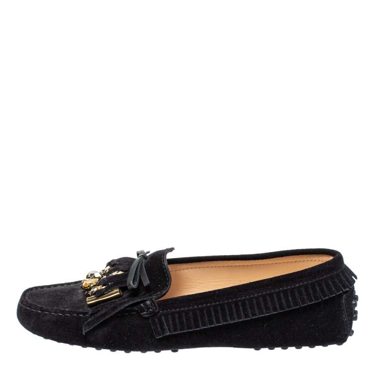 Pre Owned Tod's Black Suede Bow Fringe Embellished Slip On Loafers Size 37