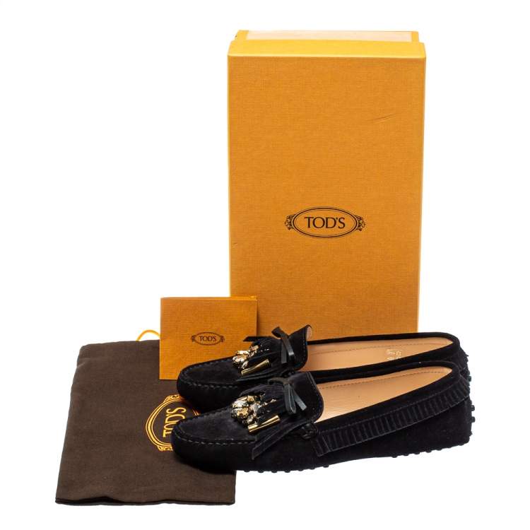 Pre Owned Tod's Black Suede Bow Fringe Embellished Slip On Loafers Size 37