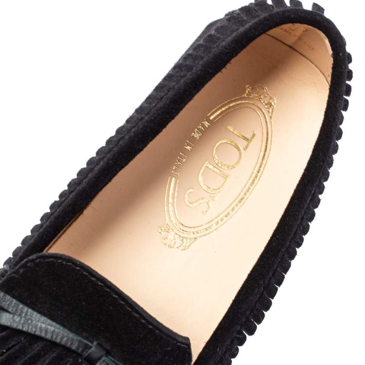 Pre Owned Tod's Black Suede Bow Fringe Embellished Slip On Loafers Size 37