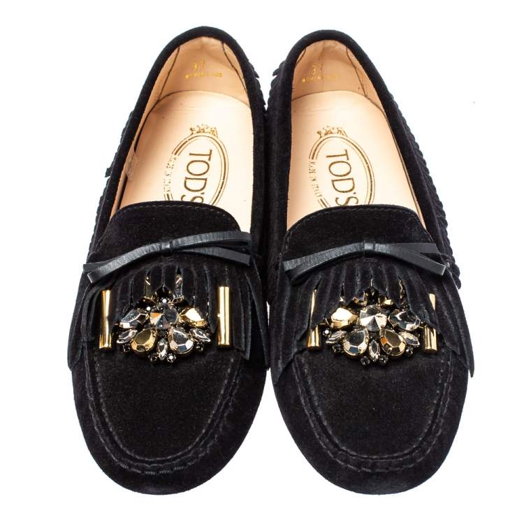 Pre Owned Tod's Black Suede Bow Fringe Embellished Slip On Loafers Size 37