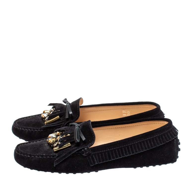 Pre Owned Tod's Black Suede Bow Fringe Embellished Slip On Loafers Size 37