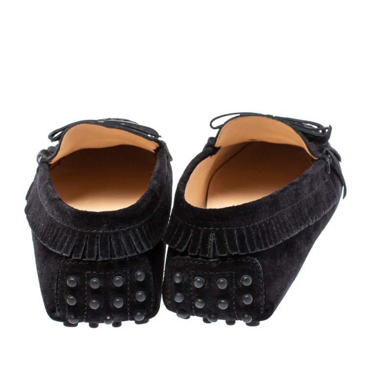 Pre Owned Tod's Black Suede Bow Fringe Embellished Slip On Loafers Size 37
