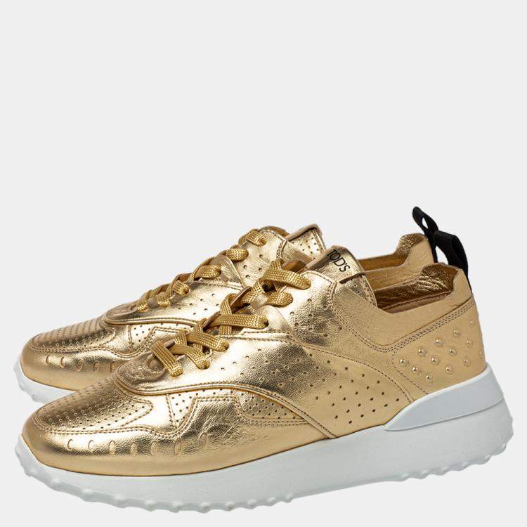 Pre Owned Tod's Metallic Gold Perforated Leather Sneakers Size 38.5